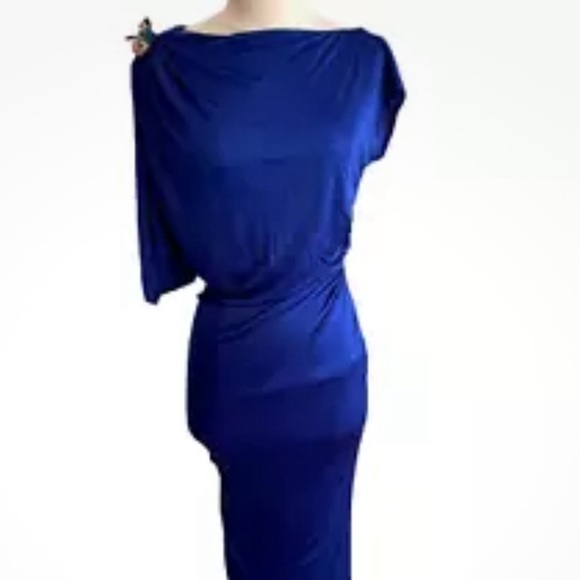 Roberto Cavalli Blue Evening Gown Jeweled Lizard Shoulder Accent Size 38 EUC - Picture 5 of 8